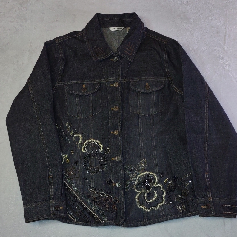 Laura Ashley Dark Denim Embroidered Jacket, Stunning Piece